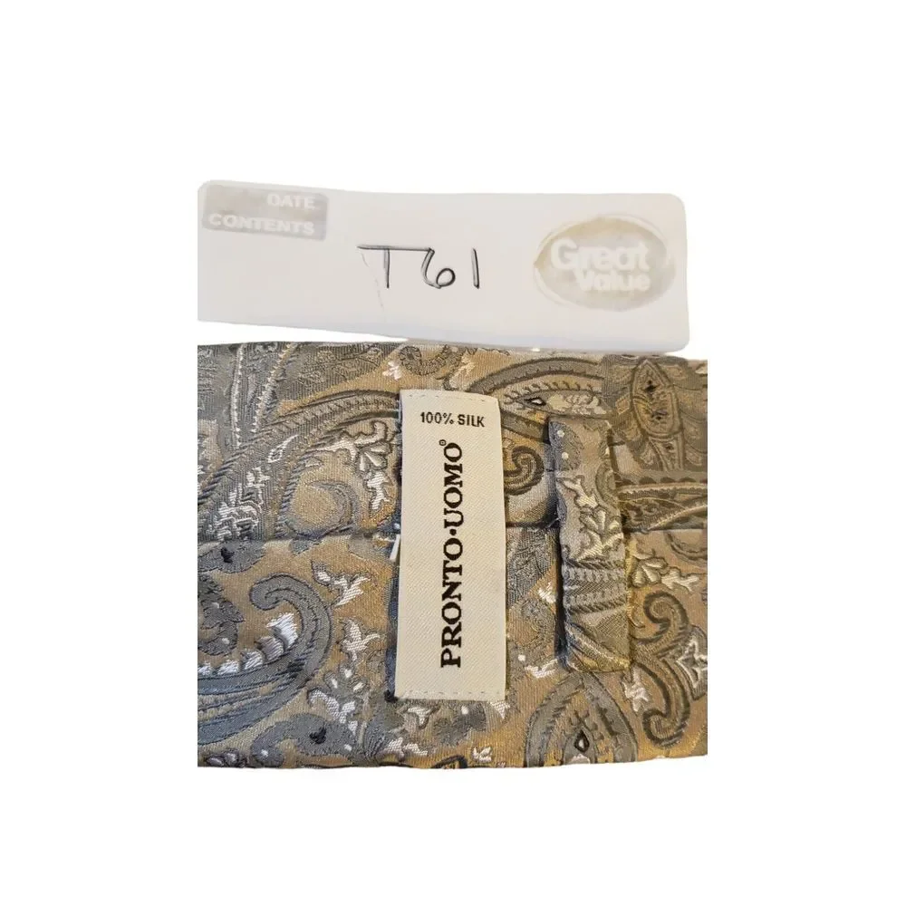 Pronto Uomo Couture‎ Mens luxury paisley silk neck tie Gold Tan x-Long Designer